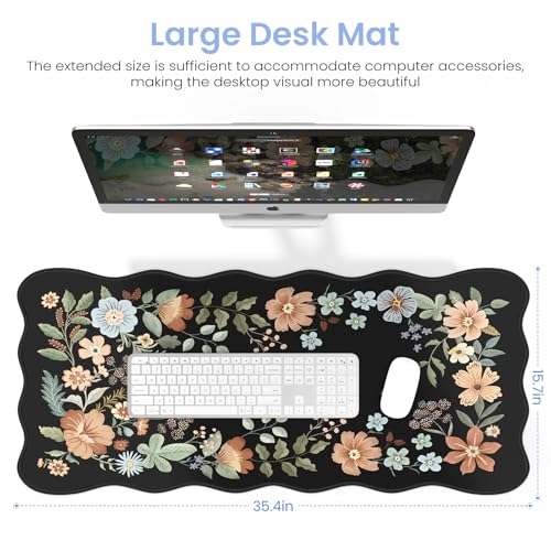 HAOCOO Desk Mat for Keyboard and Mouse, Large Scalloped Desktop Mat, Floral Mouse Pad for Desk, Washable Computer Desk Mat with Edge Stitching, Non-Slip Large Mouse Pad for Office, Home(Black) - color: Black Wave