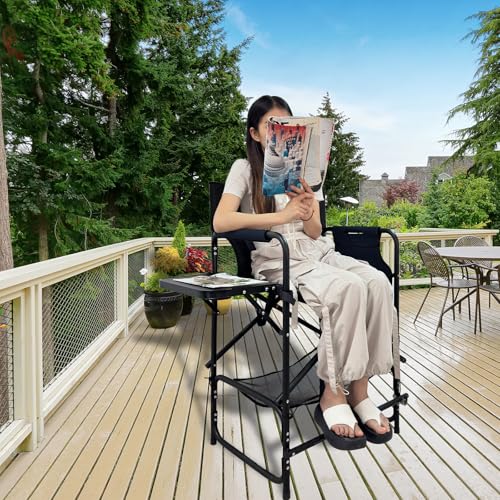 Tall Folding Directors Chair with Side Table 26.77" Seat Height Foldable Camping Chair Bar Stool for Makeup Artist Face Painting with Footrest and Storage Pocket Supports 350LBS - color: Navy, size: 26.77" Seat Height
