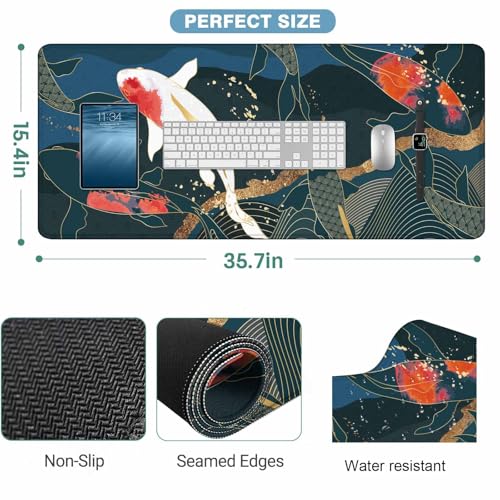 Japanese Fish Mouse Pad Abstract Oriental Japanese Asian Keyboard Mat Large Gaming Mousepad for Desk,Office,Bed 35.4"X15.7" - color: koi fish