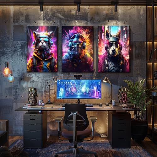Yolbcdr Game Room Decor Gaming Posters Video Game Wall Art Prints Set of 3 Cool Cyberpunk Animal Painting Pictures Gamer Wall Decor for Boy Teen Men Bedroom Bathroom Playroom 12x16in Framed - color: Animal Gamer, size: 12"x16" Canvas