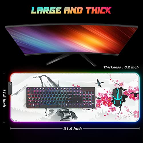 ITNRSIIET RGB Gaming Mouse Pad, Full Desk XL Extended Large Gaming Mousepad, 12 Lighting Modes 30% Thicker Big LED Desk Mat for Gamers, 32 x 12 inches, Japanese Mount Fuji Sakura - color: Japanese Mount Fuji