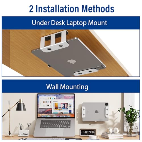 BYMECOST Under Desk Laptop Storage Mount, Metal Under Desk Device Holder, for Devices Up to 2.1" Thick, MacBook, Mini, Keyboard, Router, with Anti-Scratch Silicone (White) - color: White, size: 2.1" without hook