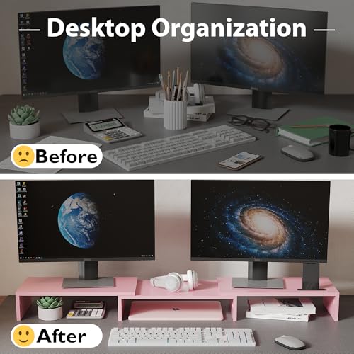 BONTEC Dual Monitor Stand Riser with Smartphone Holder, Adjustable Length & Swivel Angle, Ergonomic Wooden Desktop Organizer for PC Monitor, Laptop, Printer, Large Storage, Pink - color: Pink
