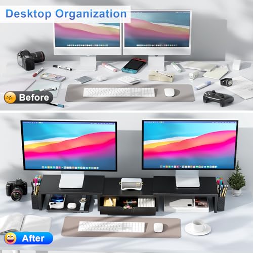 gianotter Dual Monitor Stand Riser, Desk Organizer With Drawer and 2 Pen Holders, Computer Monitor Stand, Desk Shelf for Top of Desk (Black) - color: Black