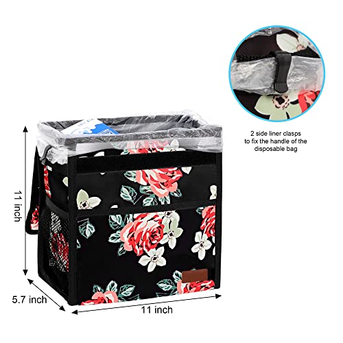 Femuar Car Trash Can Leak Proof Car Trash Bag Waterproof Car Garbage Can with Lid Collapsible and Portable with Storage Pocket, Large/Flower, 3 Gallons - color: Flower, size: 3 Gallons
