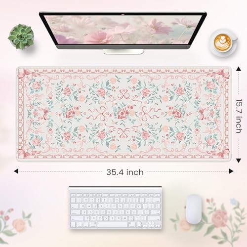 HAOCOO Pink Desktop Mat with Bow, Cute Large Mouse Pad for Office, Non-Slip Waterproof Desk Pad for Keyboard and Mouse, Floral Aesthetic Desktop Mat, Girly Home & Cubicle Supplies - color: D-pink Bow, size: 35.4" x 15.7"