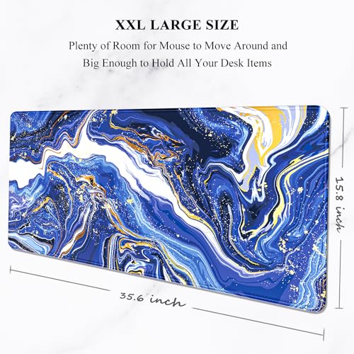 Auhoahsil Large Gaming Mouse Pad, Marble Theme XXL 35.4 x 15.7 in Desk Pad Stitched Non-Slip Rubber Long Computer Mousepad Thin Extended Full Size Desk Mat for Desktop Laptop Wireless Mice, Blue - color: 10 Navy Marble, size: 35.5L x 15.7W inches