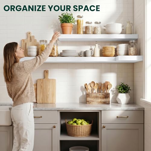Floating Shelves for Wall 40 in x 9.3 in Deep, Wall Mounted Rustic Wood Shelf with Invisible Brackets for Storage & Display, Living Room Bedroom Bathroom, White, 2 Pack - color: White, size: 40 Inch, 2 pack