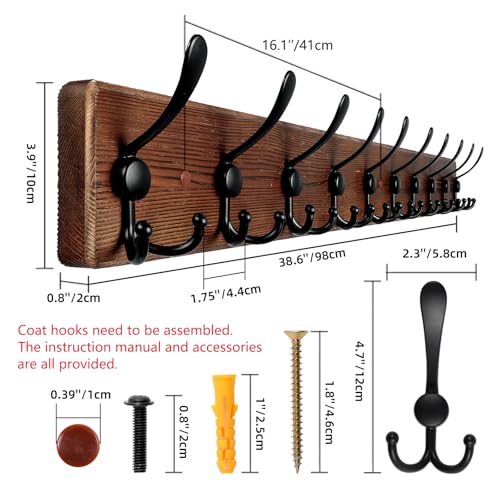 Large Coat Rack Wall Mount 38.6'' Rustic Wood Coat Rack Hook Long Coat Hooks Wall Mount Farmhouse Wall Hooks for Hanging Coat, Bags, Towels - color: Brown Plate & Black Hook, size: 1 Item-10 Hooks