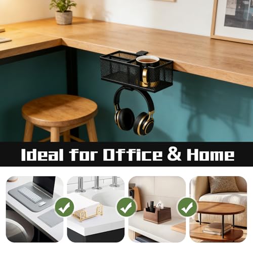 Multifunctional Clamp On Cup Holder & Desk Organizer, Space-Saving Desk Cup Holder with Headphone Hook for Office, Home - Holds Drinks, Phone, Stationery