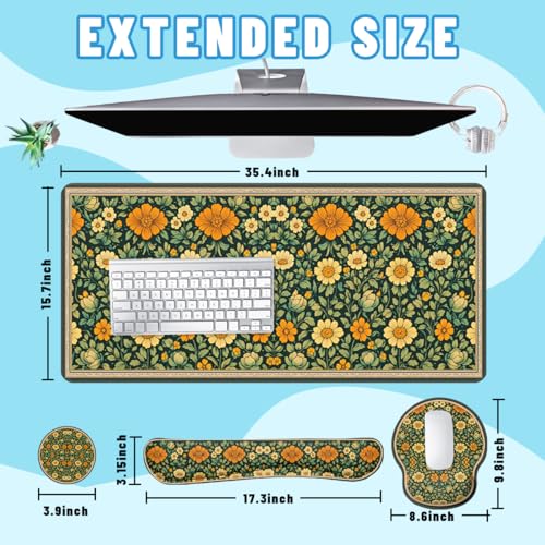 Vintage Floral Desk Mat Set Dark Green Orange Garden Mouse Pad with Wrist Rest 4in1 Desk Mat for Desktop Ergonomic Computer Desk Arm Wrist Anti-Slip Computer Ergonomic Mouse Pad Home Office Gaming - color: Vintage Floral