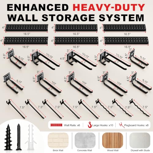 Garage Tool Organizer Wall Mount 99 inches with 18 Adjustable Heavy-Duty Hooks, Garage Organization, Garden Tool Storage Rack, Yard, and Shed, Holds Up to 750 lbs - size: 99" | 6 Panels + 18 Hooks