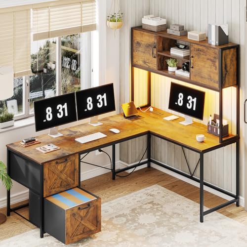 SEDETA L Shaped Desk with Drawers, 62.2" Home Office Desk with Fabric File Drawers and Power Outlet, L Shaped Desk with Hutch, Storage Shelves, LED Lights, Rustic Brown - color: Rustic Brown
