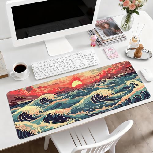 Gaming Desk Mat with Silky Smooth Surface & Exquisite Patterns,31.5x11.8 Inches Large-Sized Mouse Pad, Perfect for Extended Gaming,Work,and Home Office Decor (Japanese Waves 1) - color: Japanese Waves 1