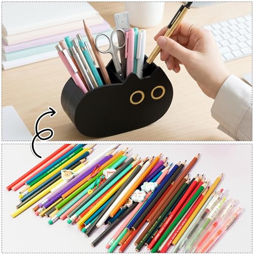 MALLMALL6 Black Cat Pencil Holder - Back to School Wooden Pen Holder, 2 Compartments Kitten Shaped Caddy Case Gifts for Kid Students Pet Lover, Desktop Storage Organizer for Classroom Office Decor - style: Black Cat