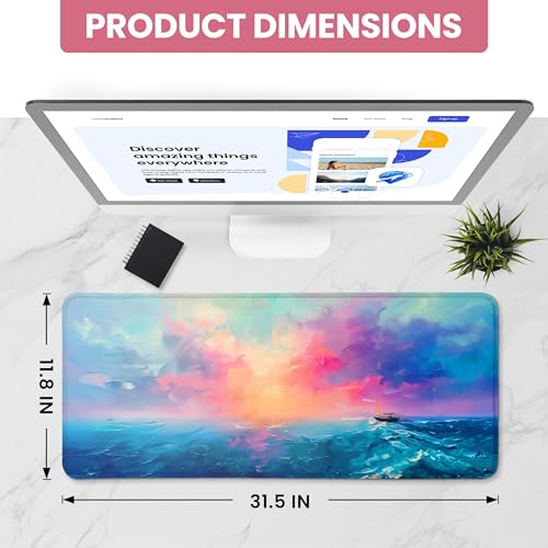 Large Mouse Pad for Desktop, Cute Desk Mat Pad Protector for Work & Gaming, Aesthetic Pretty Anti-Slip Laptop Blotter Cover for Office School Home Supplies, Sunset, 31.5" x 11.8" - color: J-Sunset, size: 31.5L x 11.8W inches