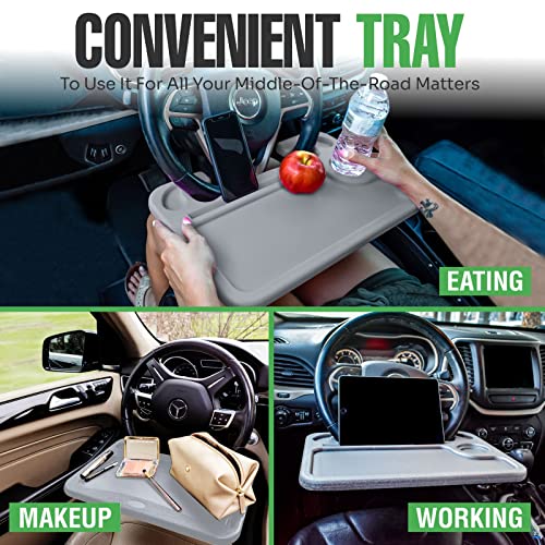 lebogner Steering Wheel Tray, Car Food Trays for Eating with Tablet Slot, Multipurpose Double-Sided Hook On Travel Auto Steering Wheel Desk Table for Laptop & Notebook with Cup Holder, Grey - color: Grey, With Tablet Slot