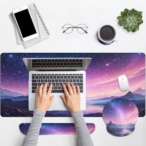 Arttown Dreamy Galaxy Desk Mat Mountains Nebula Mouse Pad Set 4 in 1 Night Sky Ergonomic Design Large Desk Pad + Keyboard Wrist Rest + Mouse Wrist Rest + Coaster Suitable for Home Office Study Game - color: Purple Starry Sky