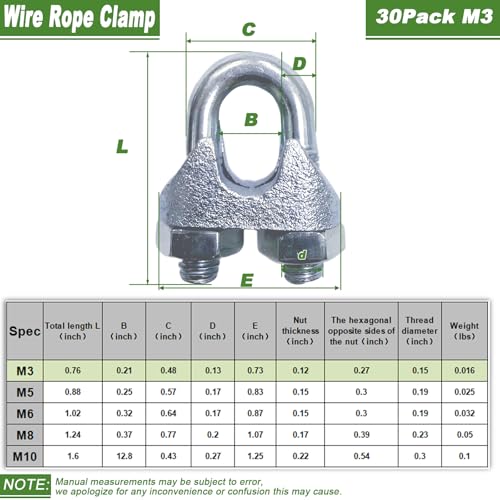 30 PCS 1/8 Inch Wire Rope Clamps, M3 Heavy Duty Galvanized Wire Cable Clamps for Tent Ropes, Boat, Clotheslines, U-Bolt Saddle Fasteners for Secure Connections - size: M3-30PCS