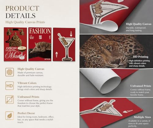 3Pcs Red Trendy Leopard Wall Art Fashion Cheetah Posters Lucky Martini Prints Painting Red Vintage Preppy Pictures Aesthetic Cheetah Wall Decor for Girls Bedroom Apartment Dorm Unframed 12x16in - color: Red-poster, size: 12L" x 16W"