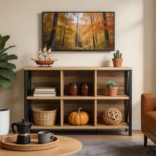 FATORRI 6 Cube Storage Organizer with Shelf, Long Wood and Metal Cubby Bookcase, Industrial Horizontal Bookshelf (Rustic Oak, 47 Inch) - color: Rustic Oak, size: Without Drawer