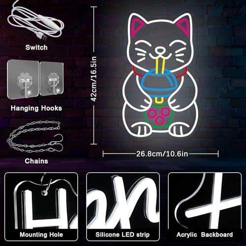 Cat Boba Tea Neon Sign Dimmable Fortune Cat Neon Light Colorful Animal Neon Light Sign Lucky Cat Drinking Bubble Tea LED Light for Milk Tea Shop Resturant Home Bar Birthday Party Decor - color: Colourful
