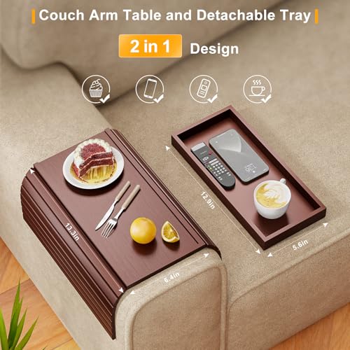 Bestjing Bamboo Sofa Armrest Tray Table for Couch - 2-in-1 Foldable Couch Arm Table with Be Slide Detachable Tray- Anti-Slip Sofa Armchair Caddy for Drinks Cellphone TV Remote Snacks(Walnut) - color: Walnut, size: 16.9" x 13.3" x 1.5"