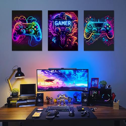 Dazzlewall 3Pcs Neon Gaming Wall Art Set for Gamer 12x16 in Unframed | Neon Controller Theme | Gamer Room Style | Fade-Resistant Canvas | Perfect for Teen Bedrooms - color: Retro Neon Gaming, size: 12x16 in