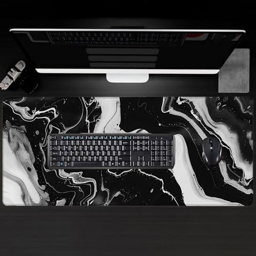 Marble Large Gaming Desk Mat,Rubber Non-Slip Black and White Mouse Pad,31.5x11.8x0.12in Extended Abstract Mousepad,Game Lover Mice Pads Gifts,Office Home Deskmat Decor - color: Marble
