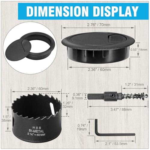 2-3/8" Spring Desk Grommet, JTemgle Plastic Cable Hole Cover with Hole Saw Computer Table Cord Wire Organizer Caps Desktop Cord Management for Home Office TV Stands Tabletops - Black, 7 Pcs - color: Black, size: 2-3/8" / 60mm