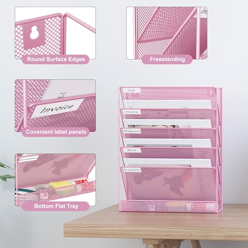 EasyPAG 5 Tier Wall File Holder, Mesh Hanging Folder Organizer with Classify Label, Versatile Desk File Holder, Vertical Wall Mounted Mail Organizer for Office Home Cubicle, Pink - color: Pink