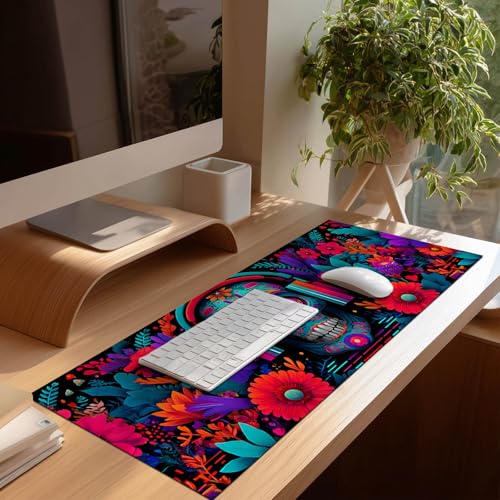 HOMETITUTE Neon Skull Floral Art XL Mouse Pad Gaming Mousepad 31.5x11.8 Inch Non-Slip Keyboard Desktop Protector Mat Diatomite Large Mouse Pad for Home and Office Desk Accessories - color: Neon Skull Floral Art