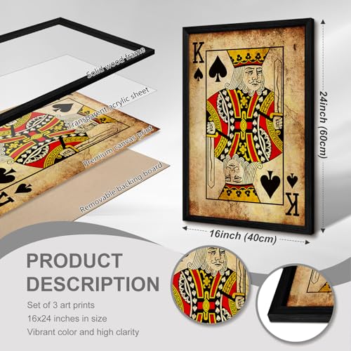 Playing Card Wall Art Poster Vintage Poker Canvas Wall Decor Retro Game Room Art Picture Joker King Queen Poster Trendy Retro Prints Vintage Poker Painting Artwork for Bedroom 16x24 Inch Framed 3Pcs - color: JQK Prints, size: 16x24 Inch Framed