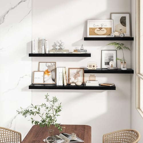 RICHFOCUS 40Inch Floating Shelves for Wall 2 Pack Shelves for Bedroom|Kitchen|Bathroom Wall Mounted Rustic Wood Floating Shelf with Invisible Brackets for Books|Storage|Decor, Black - color: Black, size: 39.4"L x 8"D, Set of 2