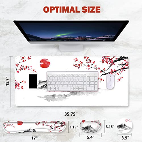ToLuLu Extended Gaming Mouse Pad, Memory Foam Ergonomic Keyboard Mouse Wrist Rest Support Set, Large Desk Mat with Stitched Edges, Non-Slip Base Mousepad for Home Office Game, Cherry Blossom Sakura - color: Cherry Blossom Sakura