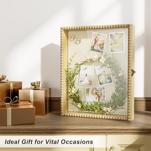 Love-KANKEI Shadow Box Frame 13x16, Deep Large Shadow Box Display Case with Unique Beads Door and Glass Window, Wood Memory Box for Pictures,Medals,Memorabilia,Collections Natural - color: Natural, size: 13x16