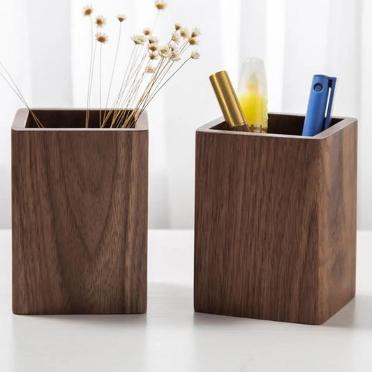 Wooden Pen Holder for Desk, Multi-Functional Pen Cup Pencil Holder for Office School Supplies Storage, Black Walnut Desk Organizer and Accessories(Square) - style: Square