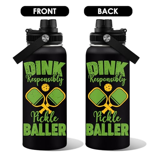 Pickleball Water Bottle 32oz | Insulated Stainless Steel Travel Tumbler with Lid Leak-Proof Keep Hot or Cold, BPA-Free |Dink Responsibly Gifts for Pickleball Lovers - color: Pickleball - blackt