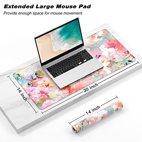 Extended Gaming Mouse Pad, XXL Large Desk Pad 30 x 14 Inch, Big Computer Keyboard Mousepad, Waterproof Mouse Mat with Stitched Edges and Non-Slip Base for Women Office Gaming, Flower - color: Flower