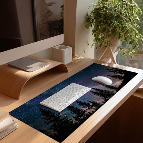 HOMETITUTE XL Mouse Pad Starry Night Forest Gaming Mousepad 31.5x11.8 Inch Non-Slip Keyboard Desktop Protector Mat Diatomite Large Mouse Pad for Home and Office Desk Accessories - color: Starry Night Forest