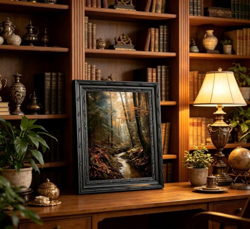 Dark Moody Forest Stream Framed Wall Art, Moody Aesthetic Landscape Canvas Print with Ornate Black Carved Frame, Witchy Gothic Dark Academia Decor for Bedroom, Living Room & Halloween - color: Forest Stream, size: 24"L x 16"W