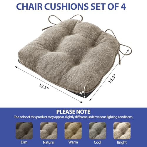 IPYNBAP Chair Cushions for Dining Chairs Set of 4, Kitchen Chair Cushions, Chair Pads with Ties and Non Slip Backing, Tufted Memory Foam Seat Cushion 4 Pack, 15.5" x 15.5" x 4", Khaki - color: Khaki, size: 15.5" x 15.5" x 4"