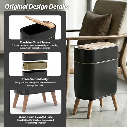 suyika Automatic Trash Can, 2.6 Gallon/10L Bathroom Trash Can with Lid - Wood Grain Lid and Legs, Touchless Waterproof Garbage Bin for Bedroom, Bathroom, Office, Living Room - color: Black