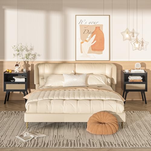 Lerliuo Rattan Nightstands Set of 2, Bedside Table with Drawer Open Shelf, Cane Accent Side End Table with Solid Wood Legs, Black Mid Century Night Stand for Bedroom, Dorm and Small Spaces - color: Black With Natural, size: 2 pack