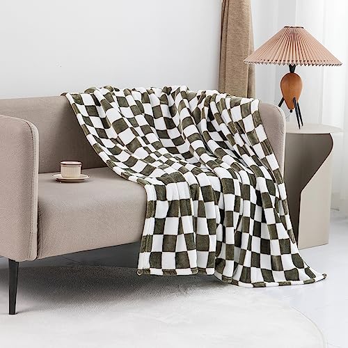 LOMAO Throw Blankets Flannel Blanket with Checkerboard Grid Pattern Soft Throw Blanket for Couch, Bed, Sofa Luxurious Warm and Cozy for All Seasons (Dark Olive, 40"x50") - color: Dark Olive, size: 40"x60"