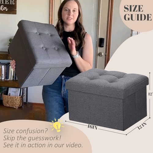 LINMAGCO Ottoman Storage Ottoman with Storage Small Foot Rest Stool Under Desk Stool Short Folding Footrest Linen Cloth Dark Gray 16X12X12IN - color: Grey(linen), size: 12"D x 16"W x 12"H