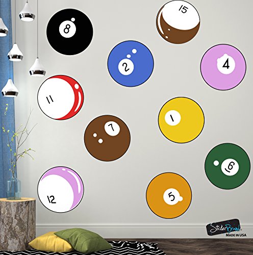 15 Billiard Balls Wall Decal Stickers Printed Graphic Game Room Decor Vinyl Wall Art. (All 15 Balls are 11 inches Around) #OS_MB130B. - size: All Balls are 11in in size.