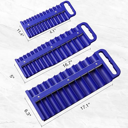 Reniteco Magnetic Socket Organizer Set, 3 Pcs Blue Portable Heavy Duty Socket Rail Set: 1/4-Inch x 22 Pallets, 3/8-Inch x 28 Pallets, 1/2-Inch x 26 Pallets, Hold 76 Sockets - Fit Shallow&Deep Sockets - color: Blue