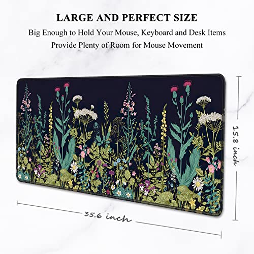 Auhoahsil Desk Pad, XXL Large Mouse Pad, Extended Gaming Mousepad, Cute Desk Mat for Women, Big Office Accessories Mouse Pad for Computer Keyboard and Laptop, 35.6" x 15.7", Black Wildflower Night - color: 04 Wildflowers Night, size: XXL - Extended size 3