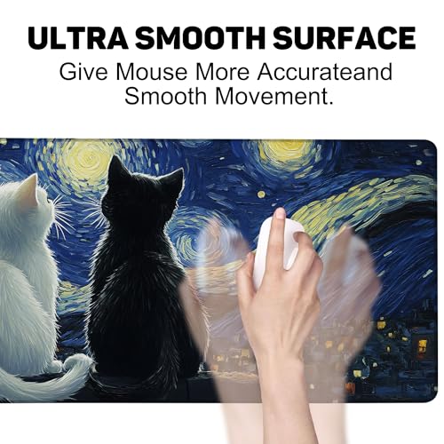 Black Cat and White Cat Look Starry Sky Gaming Mouse Pad with Stitched Edges Non-Slip Rubber Base Mouse Pad for Office,Computer,Keyboard,Laptop and Home Desk,31.5 x 11.8 Inch - color: Black Cat and White Cat Look Starry Sky, size: 11.8*31.5inch